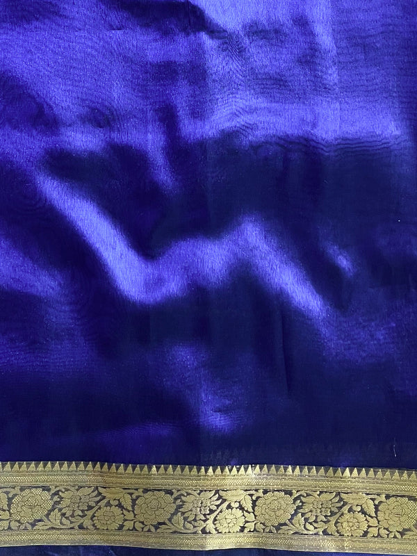 Banarasee Handwoven Plain Tissue Saree Zari Border With Lace-Royal Blue