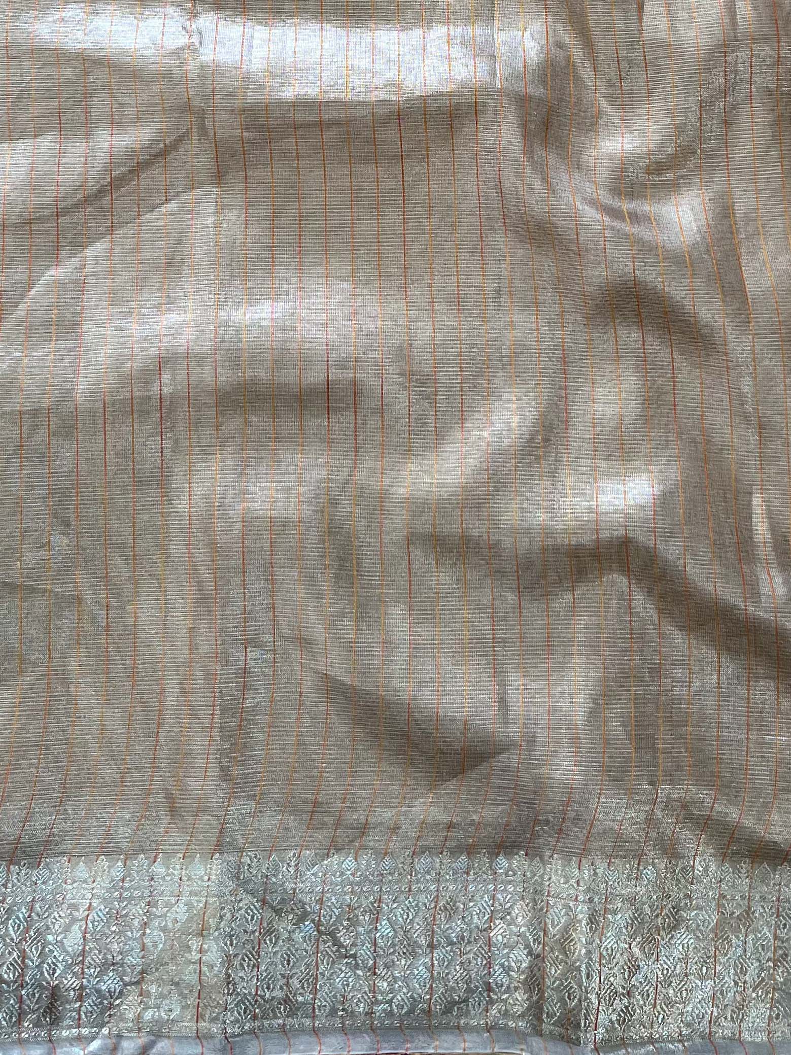 Banarasee Handwoven Plain Tissue Saree With Zari Border-Grey