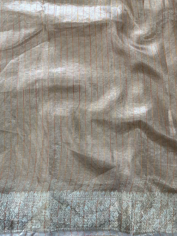 Banarasee Handwoven Plain Tissue Saree With Zari Border-Grey