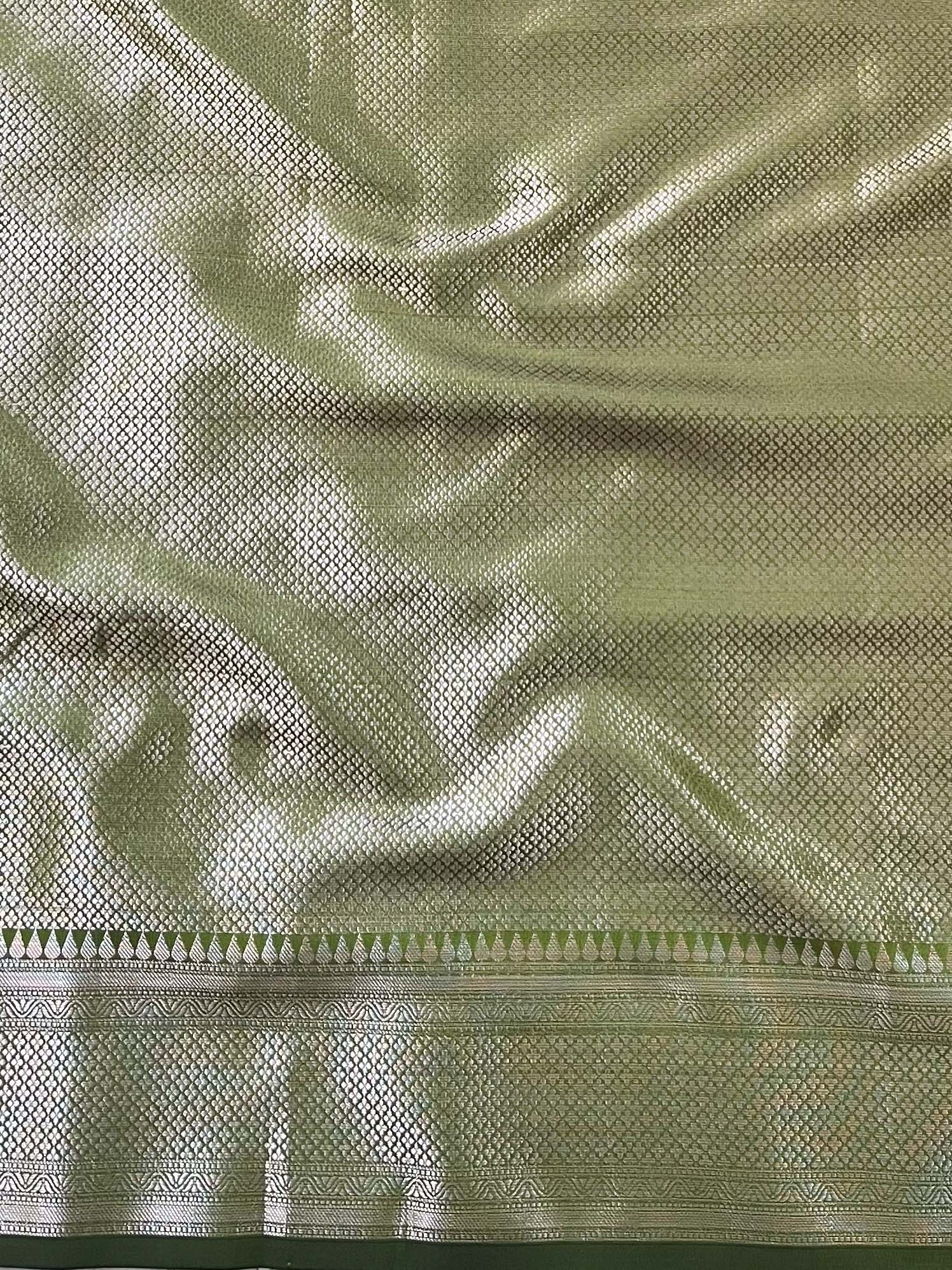 Banarasee Handwoven Semi Silk Saree With Zari Buti Design-Heena Green