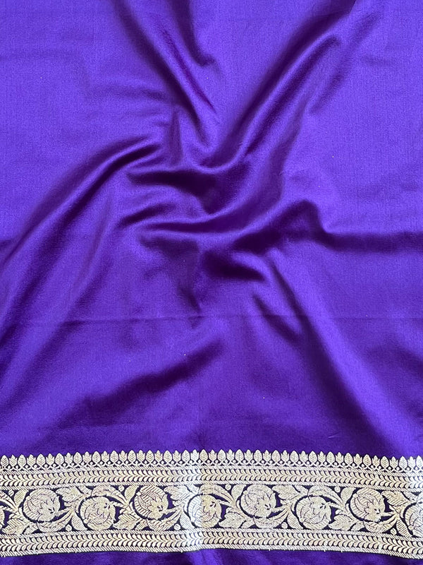 Banarasee Handloom Mashru Silk Saree Zari Buta & Border With Lace-Violet