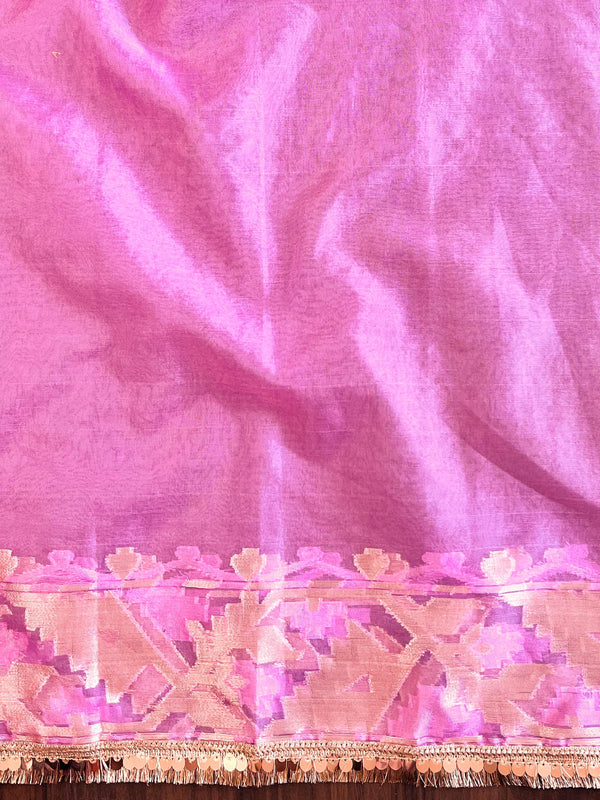 Banarasee Organza Saree With Gold Zari Jaal Design & Dual Color-Peach & Pink