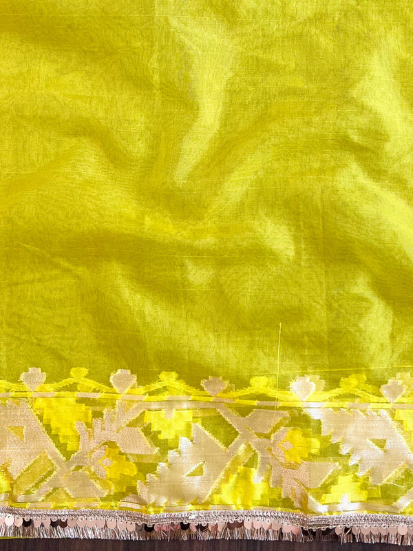 Banarasee Organza Saree With Gold Zari Jaal Design & Dual Color-Green & Yellow