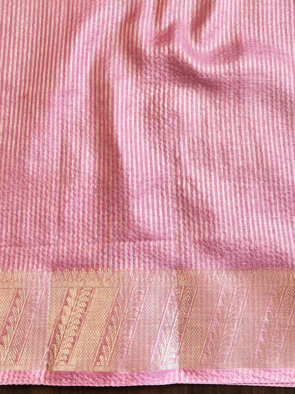 Banarasee Handwoven Plain Tissue Saree With Zari Border & Lace-Pink
