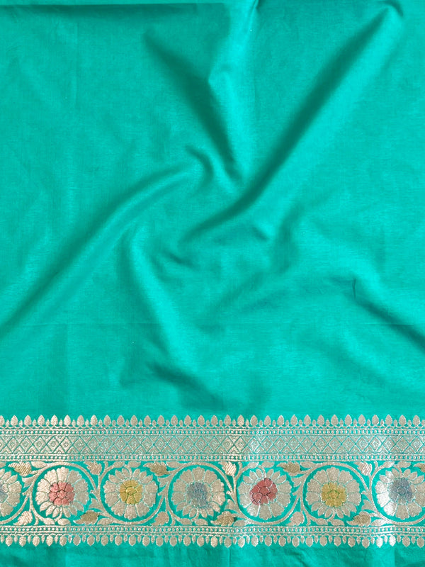 Banarasee Handwoven Semi Katan Saree With Hand Paint Zari Jaal Design & Lace-Spring Green