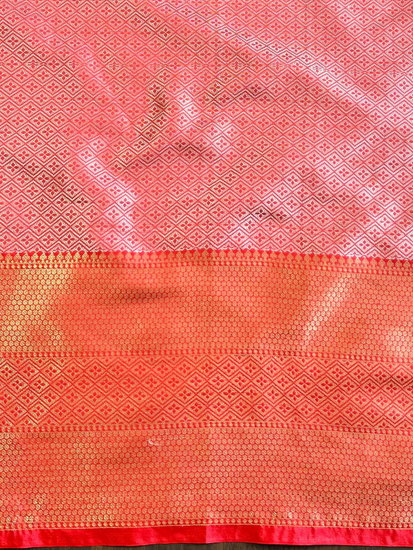 Banarasee Handwoven Tissue Zari Saree With Contrast Border & Lace-Silver & Red