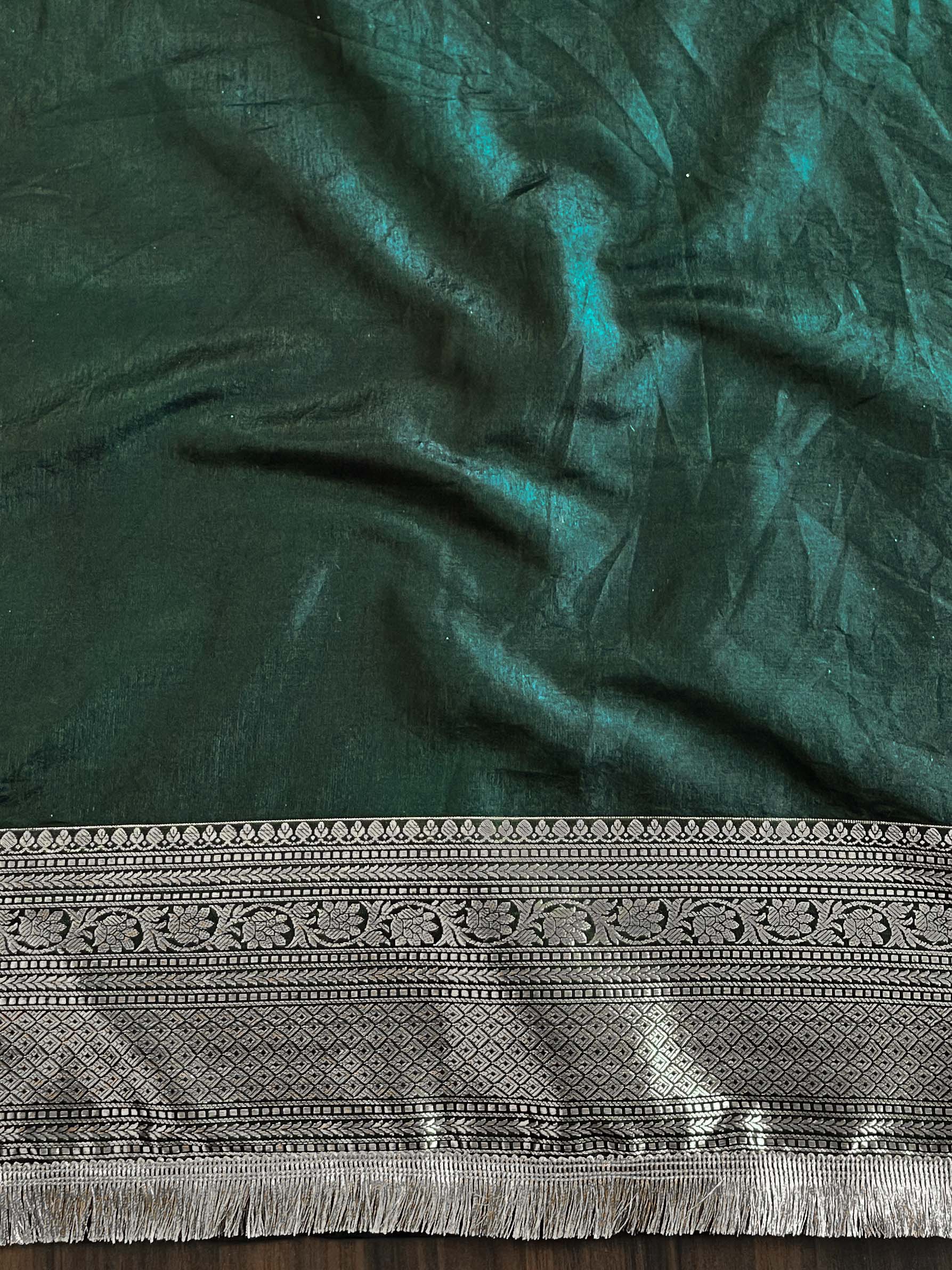 Banarasee Handwoven Semi Silk Saree With Gold Zari Border & Lace-Green