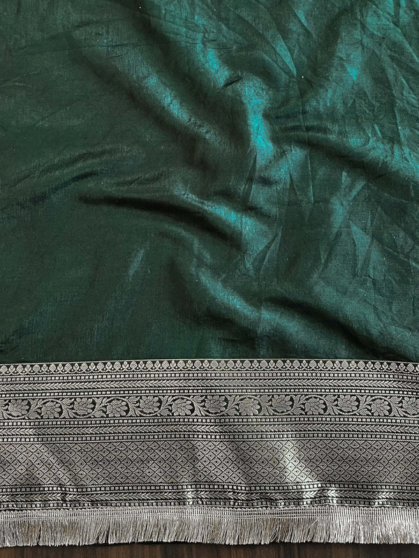 Banarasee Handwoven Semi Silk Saree With Gold Zari Border & Lace-Green