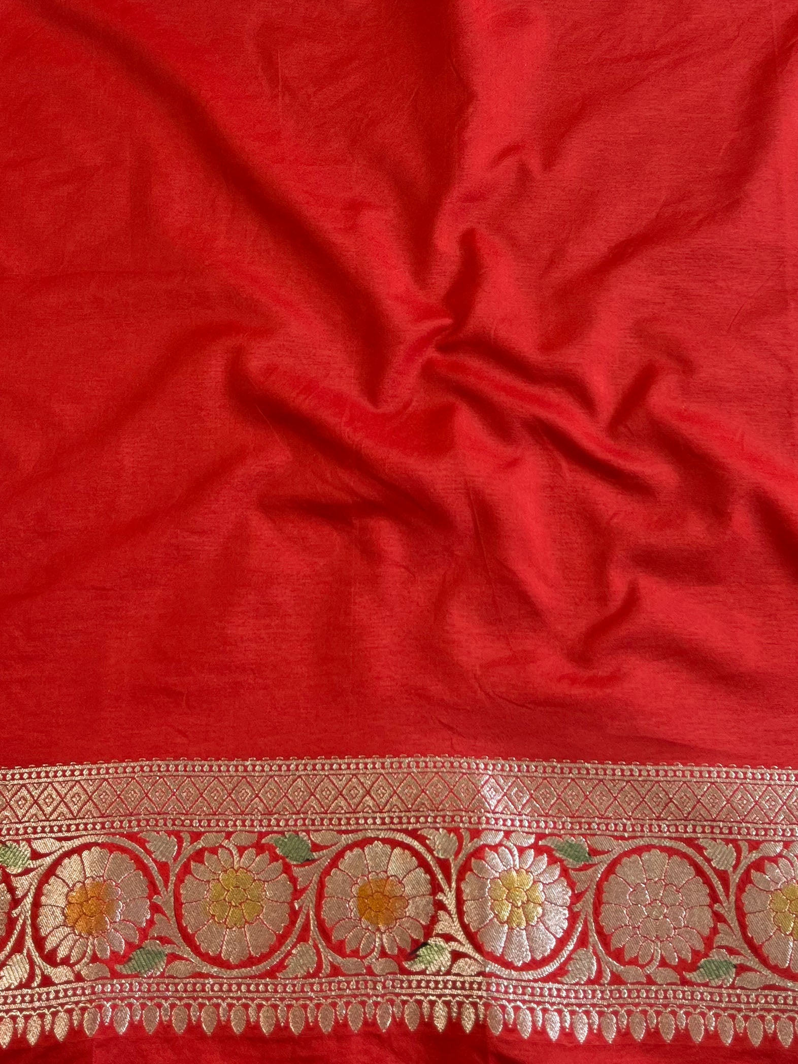Banarasee Handwoven Semi Katan Saree With Hand Paint Zari Jaal Design & Lace-Red