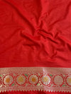 Banarasee Handwoven Semi Katan Saree With Hand Paint Zari Jaal Design & Lace-Red