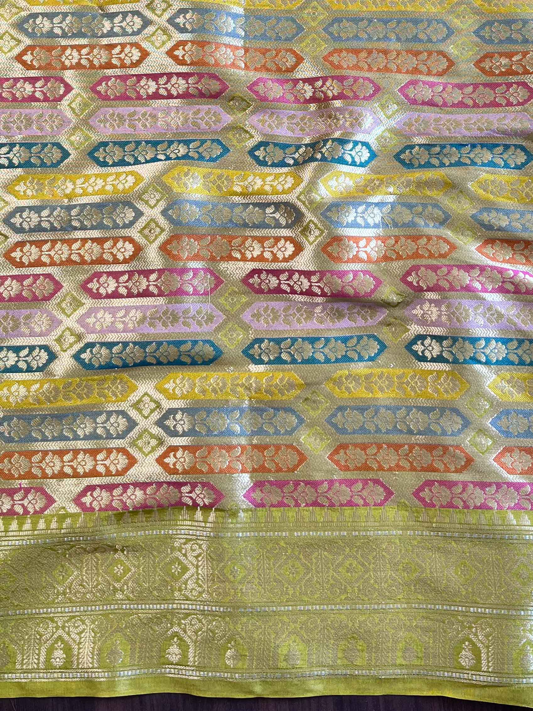 Banarasee Handwoven Semi Silk Saree With Gold Zari & Resham Jaal Design-Olive Green
