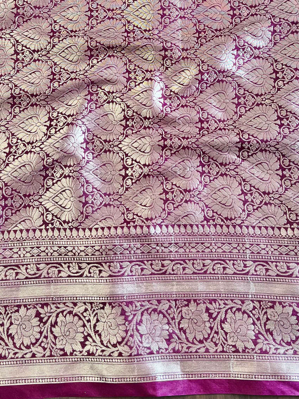 Banarasee Handwoven Semi Silk Saree With Silver Zari Jaal Design & Lace-Violet