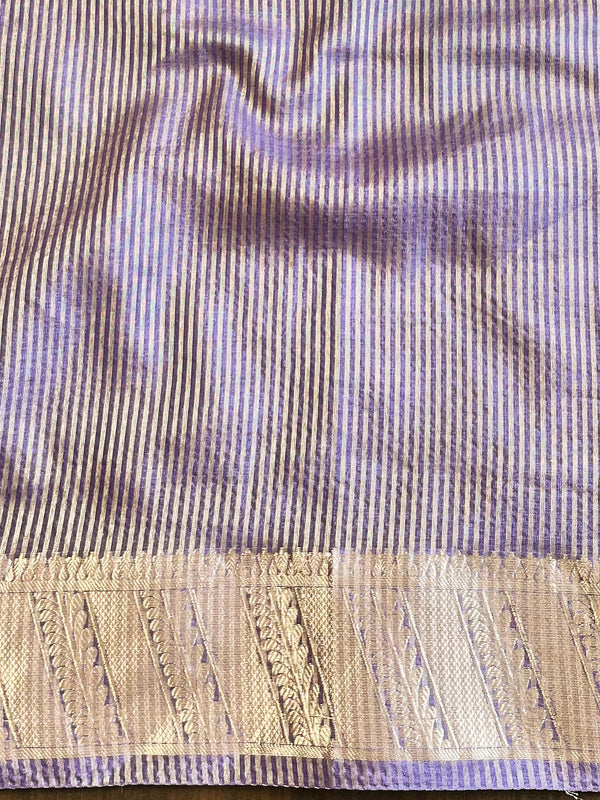 Banarasee Handwoven Plain Tissue Saree With Zari Border & Lace-Purple