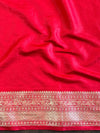 Banarasee Handwoven Semi Muga Zari Saree With Contrast Border & Lace-Green & Red