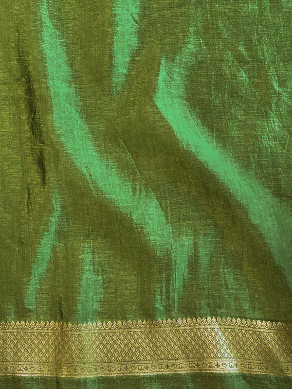Banarasee Handwoven Pure Silk Saree With Zari Buta & Contrast Border-Rust & Green