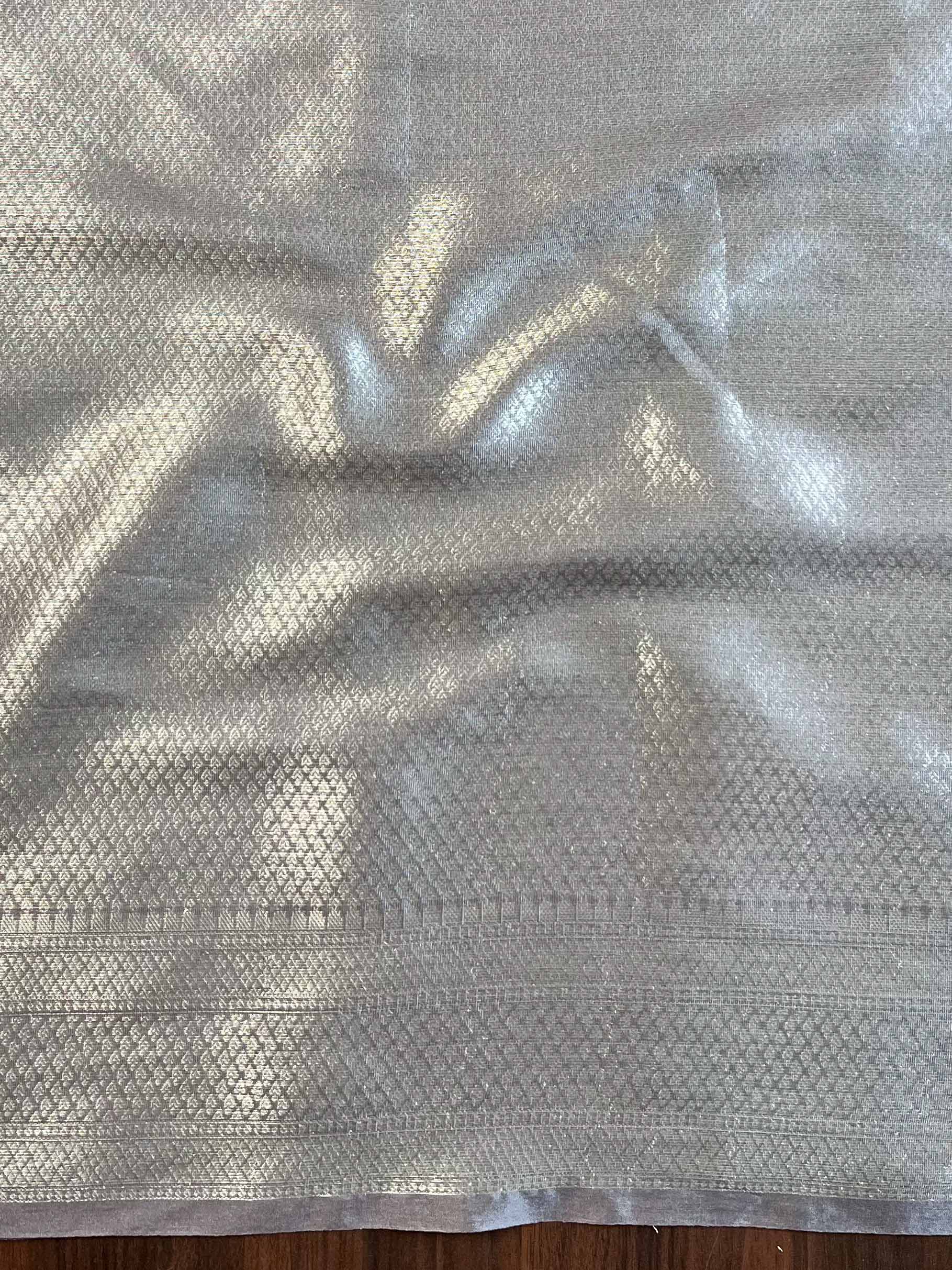 Banarasee Handwoven Semi Silk Saree With Silver Zari & Resham Jaal Design-Grey
