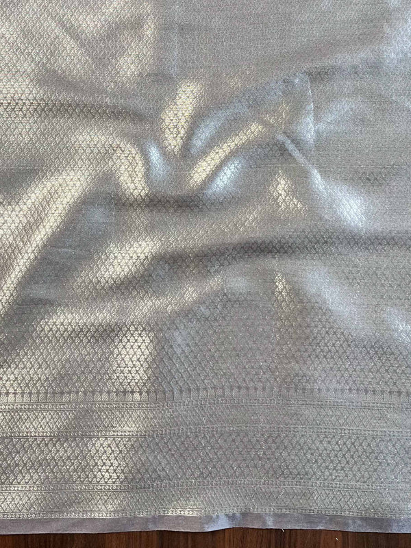 Banarasee Handwoven Semi Silk Saree With Silver Zari & Resham Jaal Design-Grey