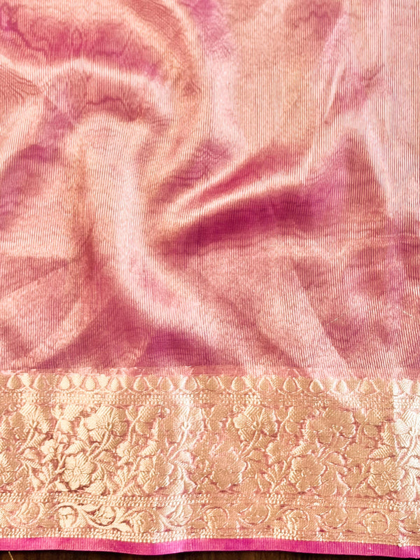 Banarasee Handwoven Plain Tissue Saree With Zari Border & Lace-Pink