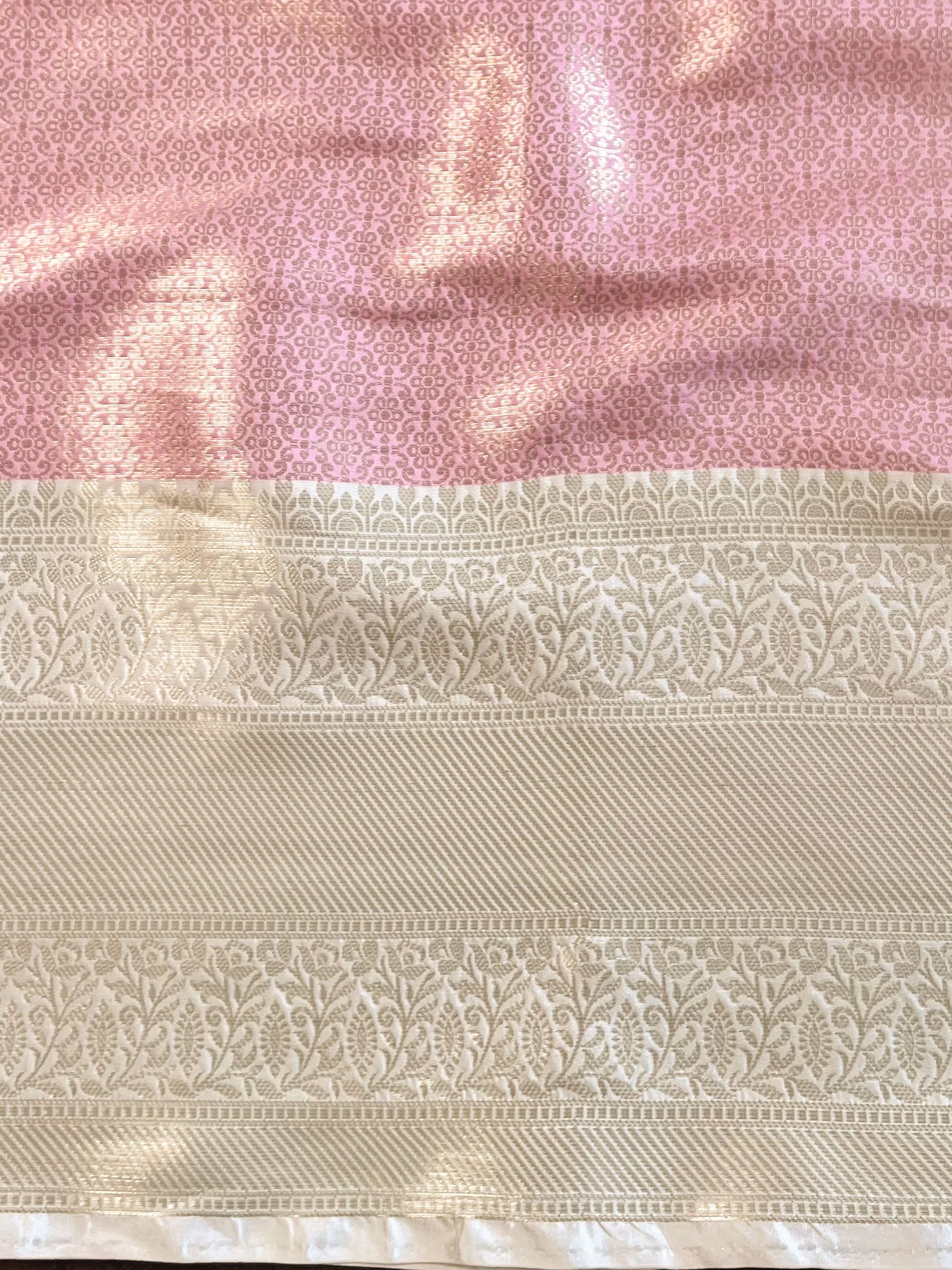 Banarasee Handwoven Tissue Saree With Stripes Zari Design & Broad Broder-Pink & White