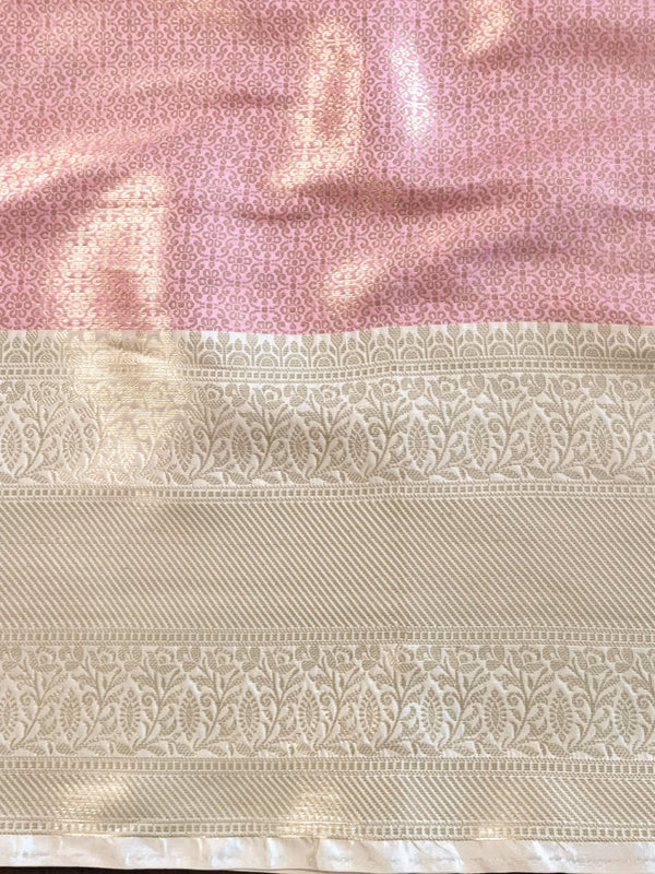 Banarasee Handwoven Tissue Saree With Stripes Zari Design & Broad Broder-Pink & White