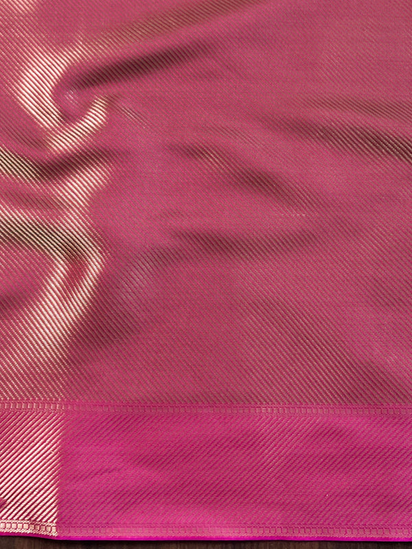 Banarasee Handwoven Tissue Zari Saree With Contrast Border-Blue & Pink