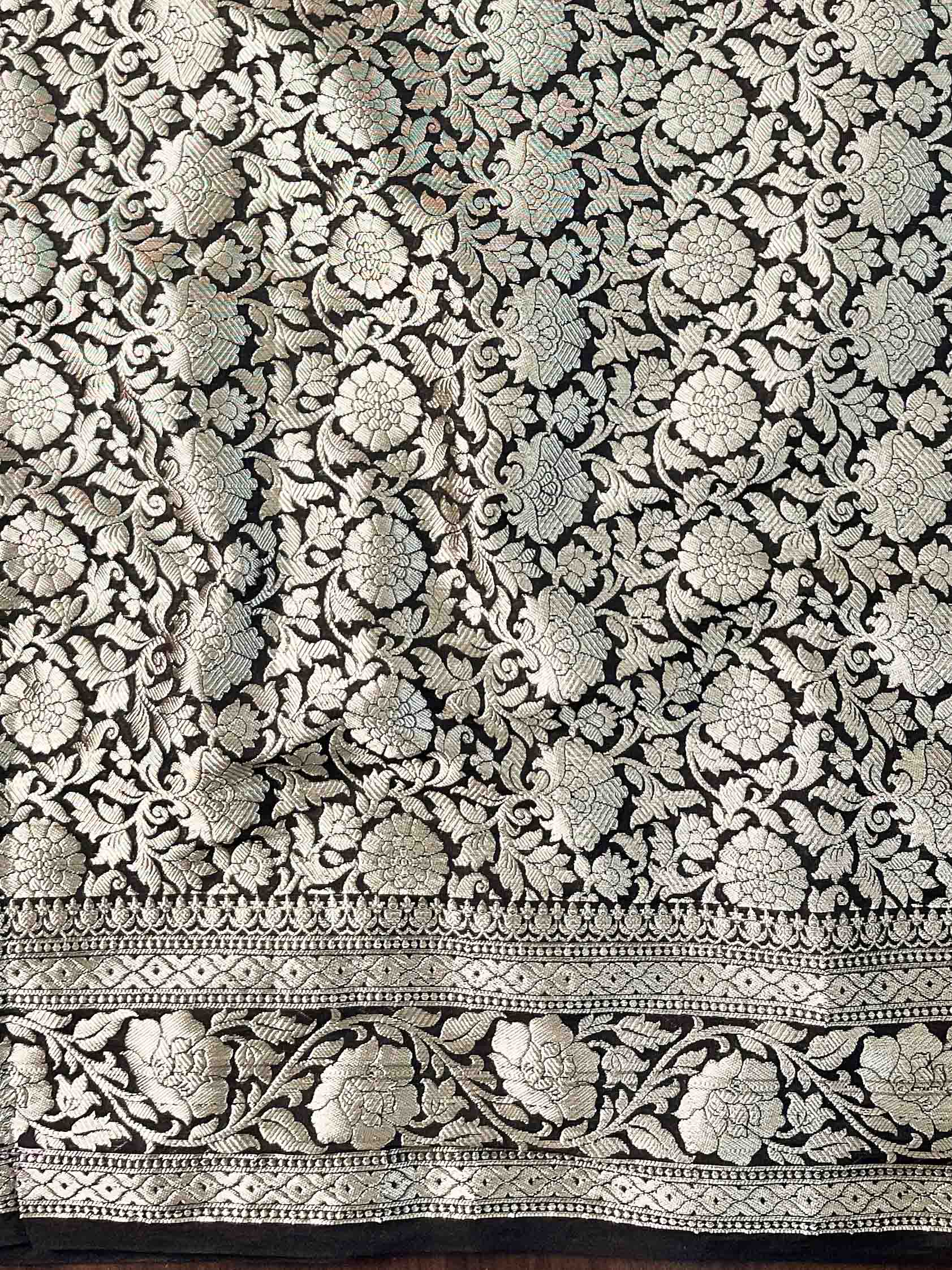 Banarasee Handwoven Semi Silk Saree With Silver Zari Border & Lace-Black