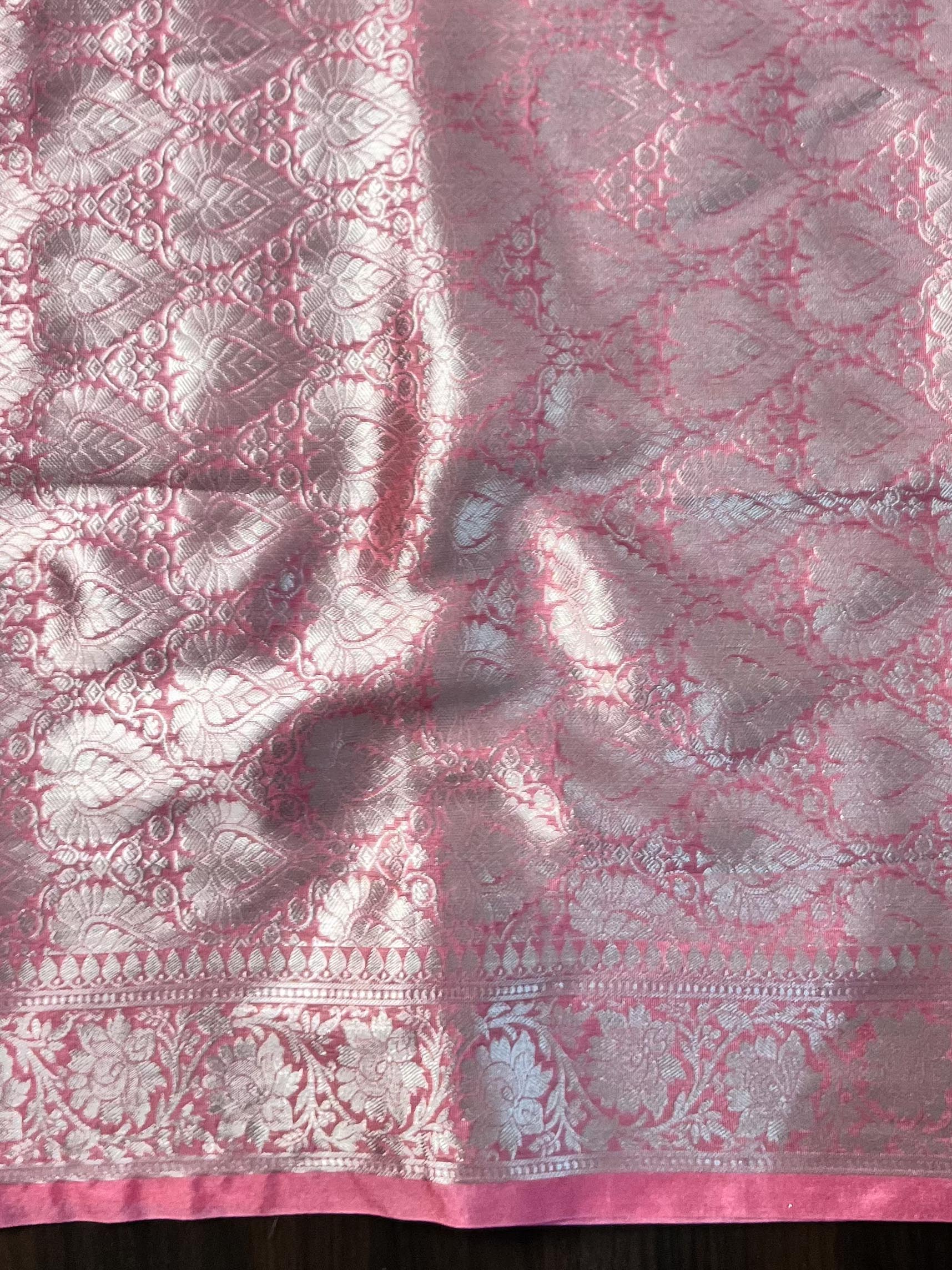 Banarasee Handwoven Semi Silk Saree With Silver Zari Jaal Design & Lace-Pink