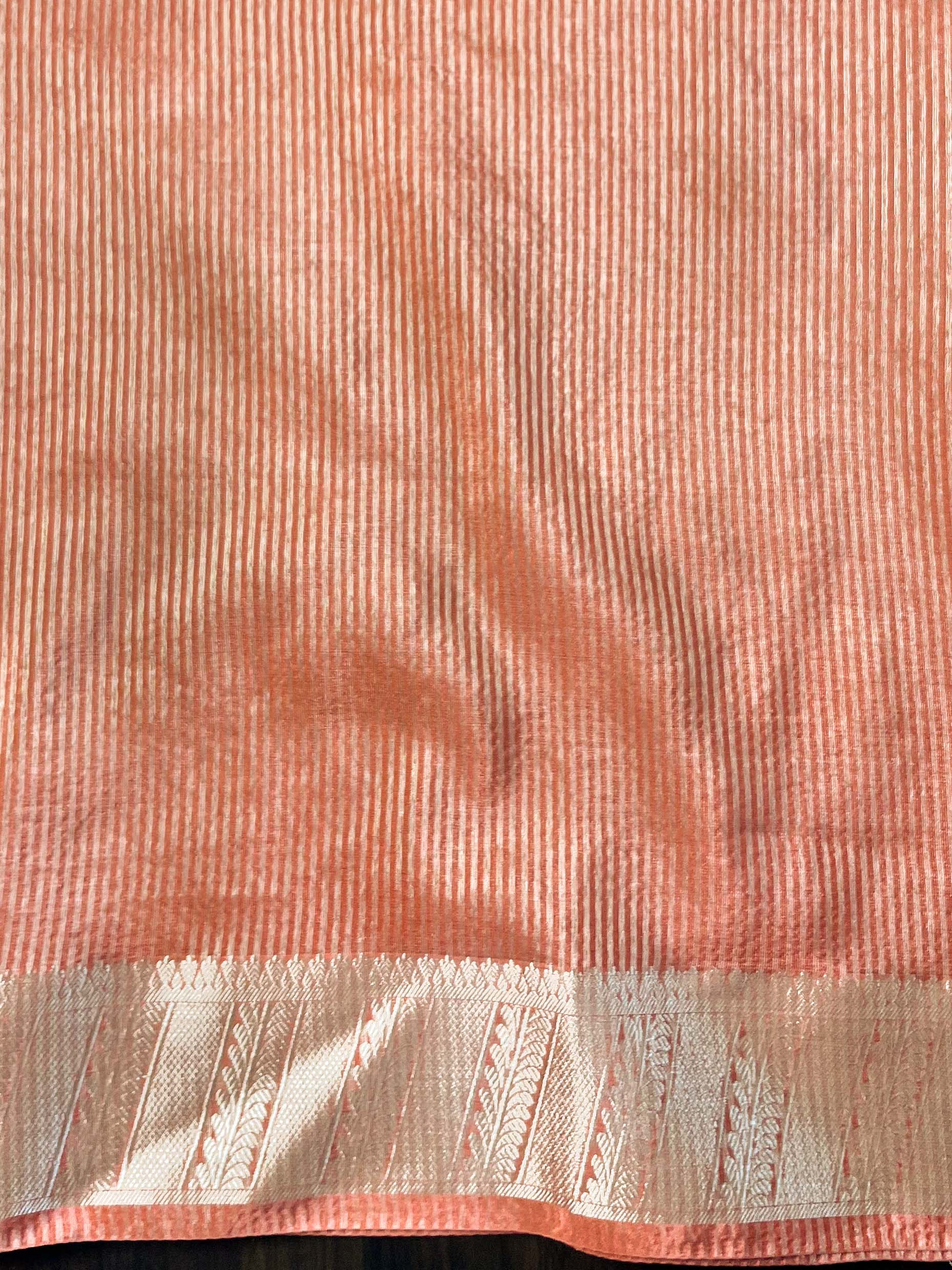 Banarasee Handwoven Plain Tissue Saree With Zari Border & Lace-Peach