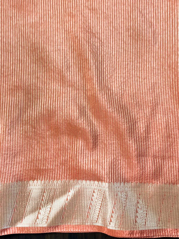 Banarasee Handwoven Plain Tissue Saree With Zari Border & Lace-Peach