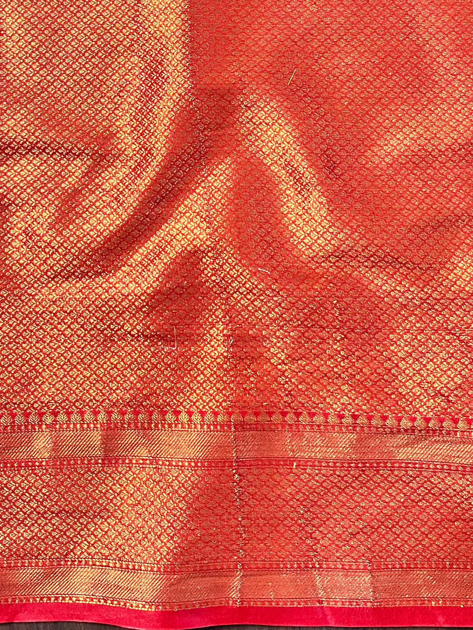 Banarasee Semi-Georgette Saree With Zari Jaal Design & Contrast Border-White & Red