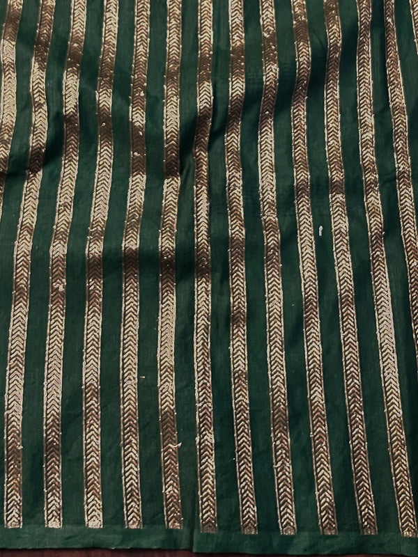 Banarasee Handwoven Silk Cotton Saree Antique Zari Buti & Border With Lace-Green