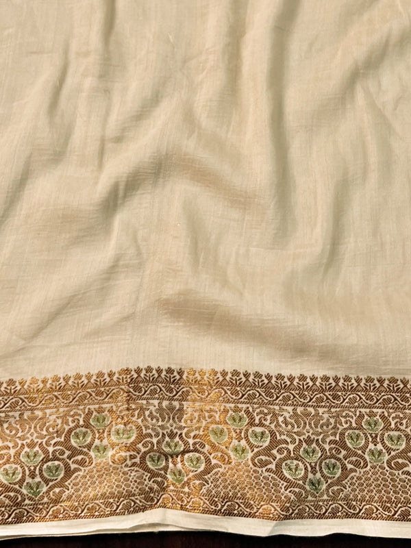 Banarasee Pure Handloom Muga Silk Saree With Resham Zari Weaving-Light Beige
