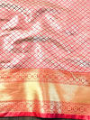 Banarasee Handwoven Tissue Saree With Zari Broad Broder-Sliver & Red