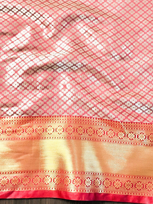 Banarasee Handwoven Tissue Saree With Zari Broad Broder-Sliver & Red