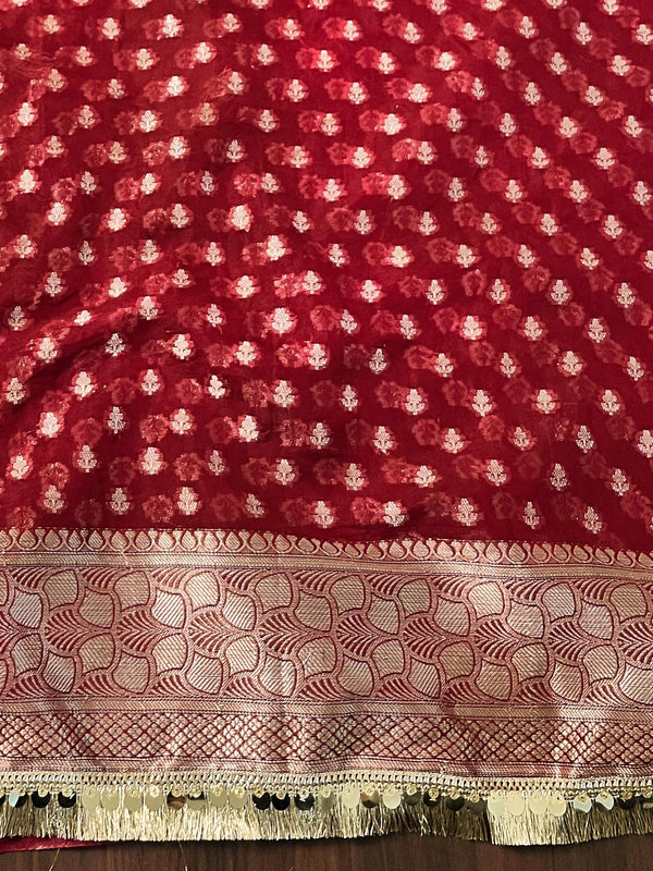Banarasee Semi-Georgette Saree Meena Jaal Design With Gold Zari Border Design-Maroon