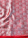 Banarasee Handwoven Semi Silk Saree With Silver Zari Jaal Design & Lace-Red