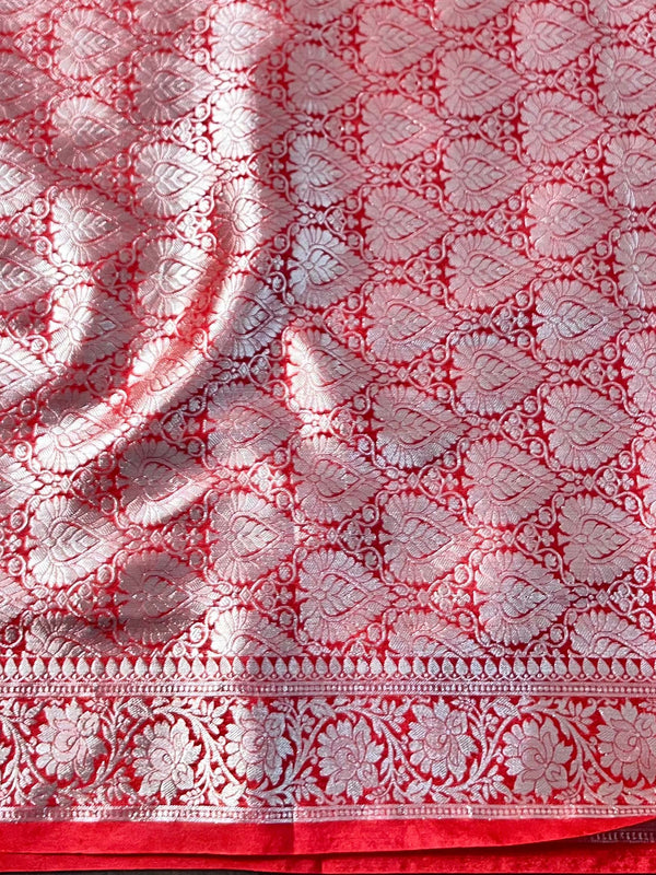 Banarasee Handwoven Semi Silk Saree With Silver Zari Jaal Design & Lace-Red