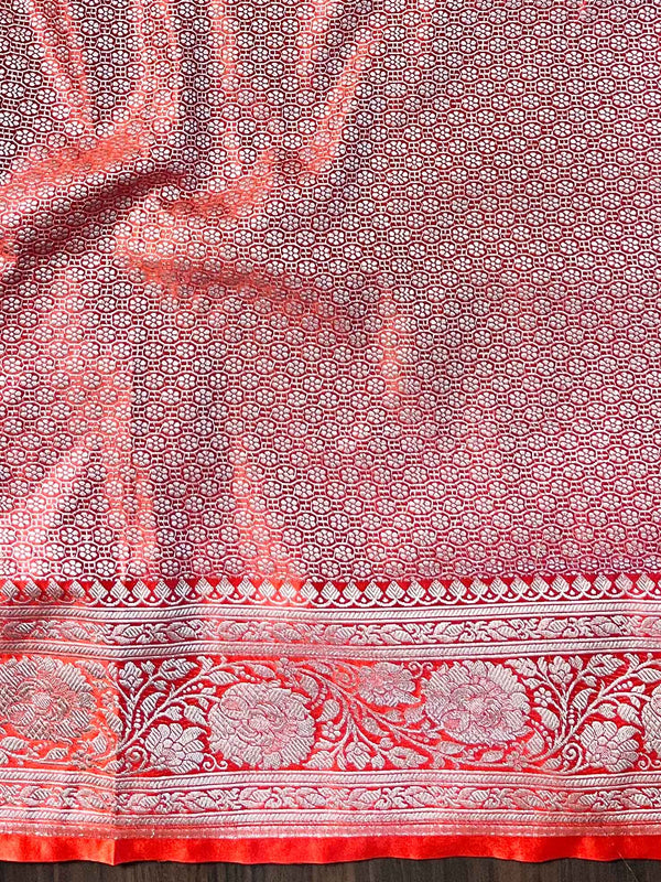 Banarasee Handloom Mashru Silk Saree Zari Border With Lace-Red