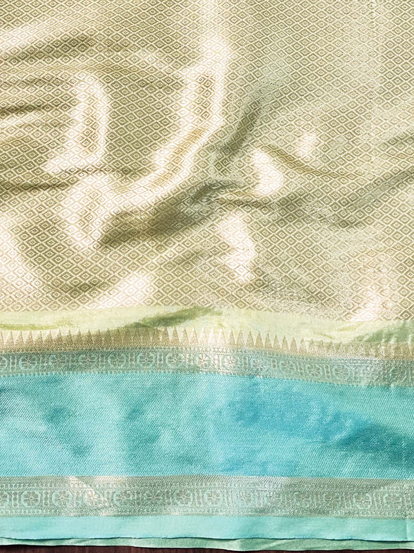 Banarasee Handwoven Semi Silk Saree With Stripes Design-Green & Blue