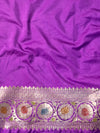 Banarasee Handwoven Semi Katan Saree With Hand Paint Zari Jaal Design & Lace-Purple