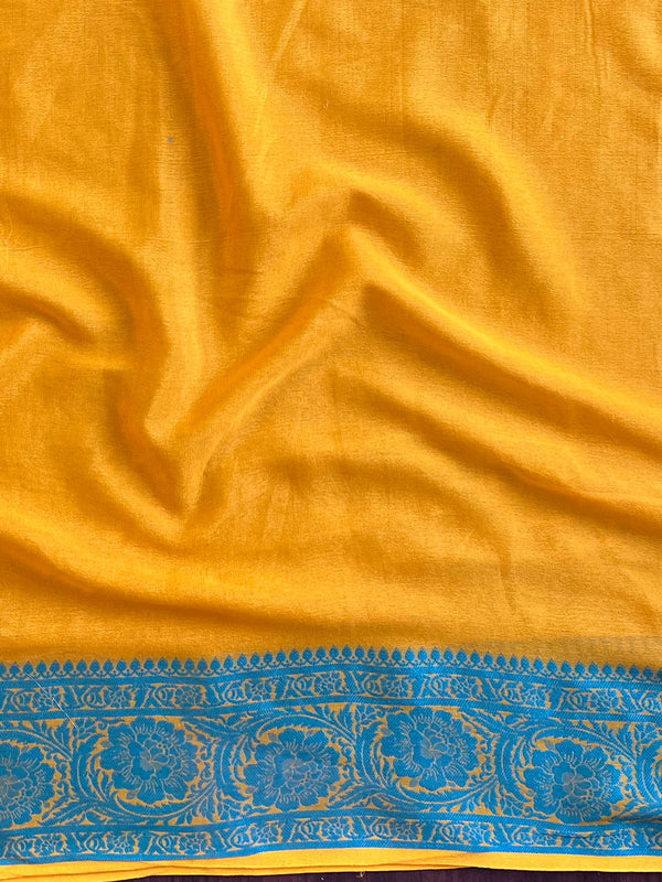 Banarasee Pure Chiffon Saree With Resham Buti Design & Border-Yellow