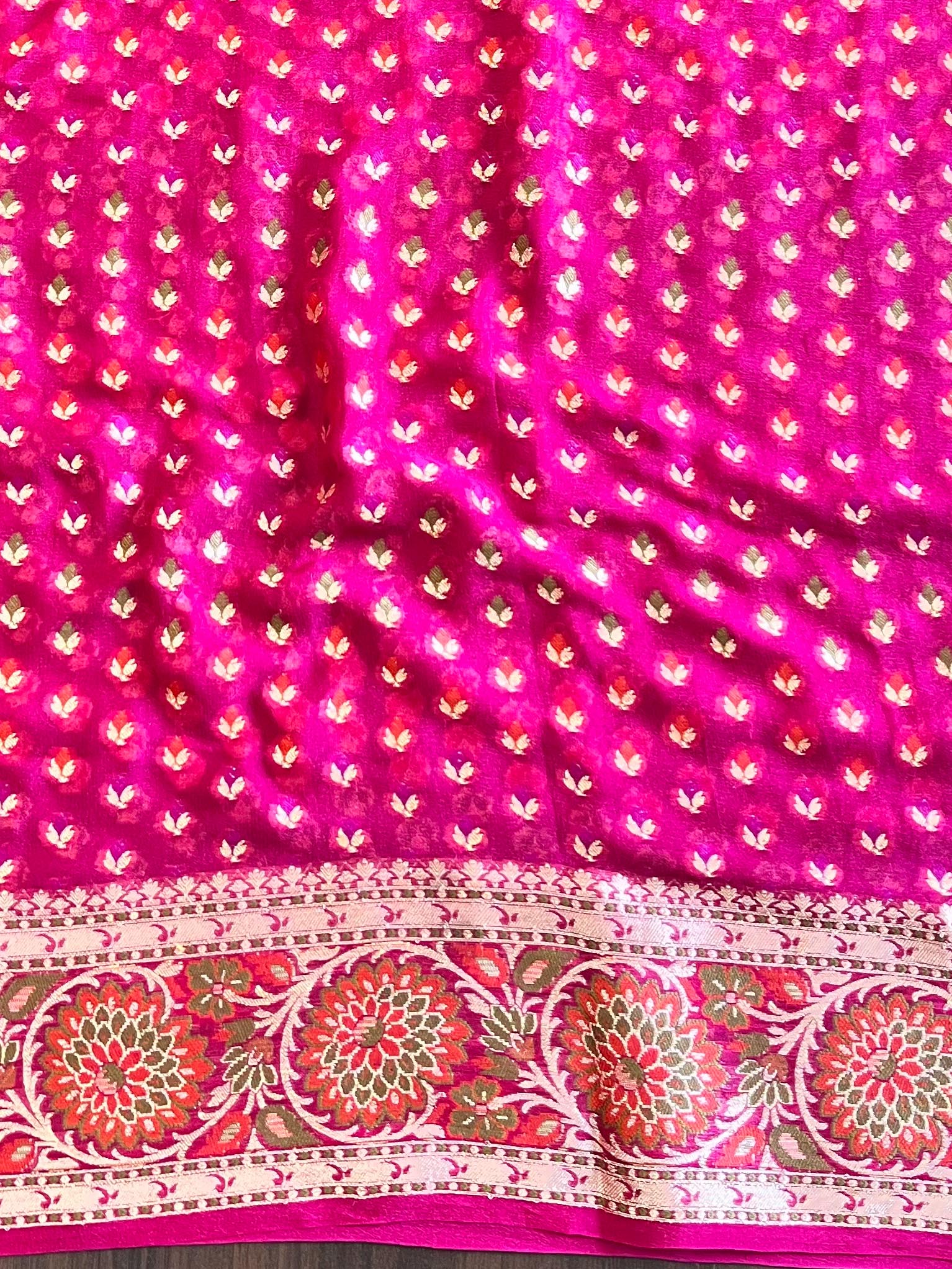Banarasee Pure Chiffon Plain Saree With Resham Border-Pink