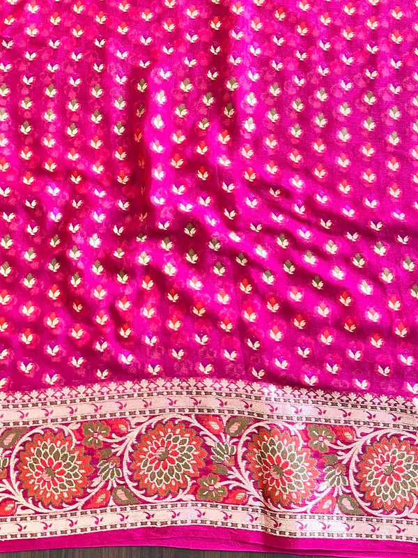 Banarasee Pure Chiffon Plain Saree With Resham Border-Pink