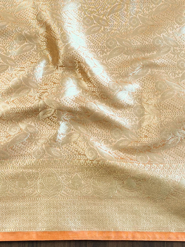 Banarasee Handwoven Plain Tissue Saree With Zari Border & Lace-Peach