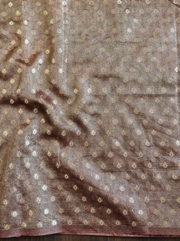 Banarasee Handwoven Mirror Work Crushed Tissue Saree With Contrast Border-Green & Brown