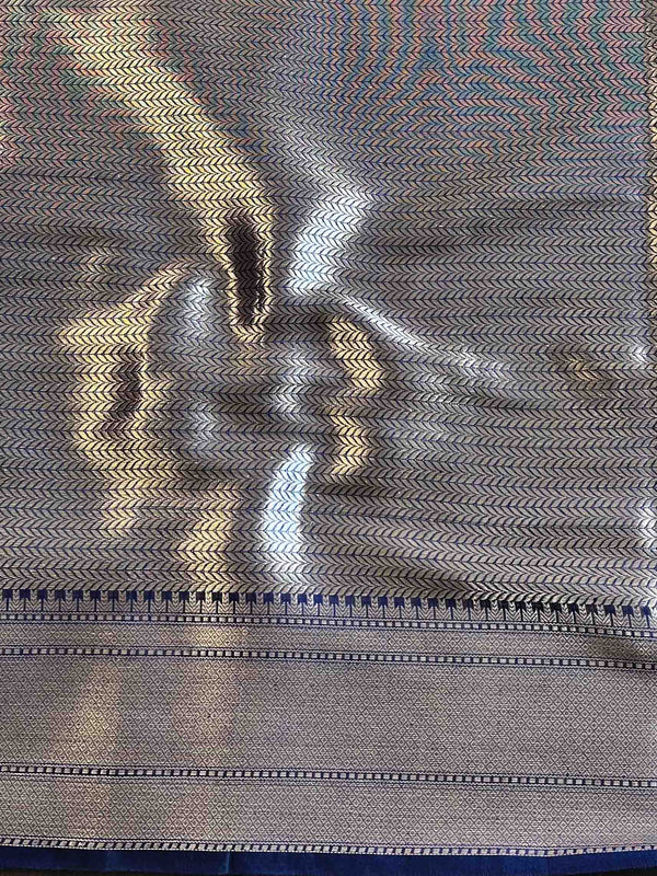 Banarasee Handwoven Silk Cotton Saree With Zari Buti & Border-Deep Blue