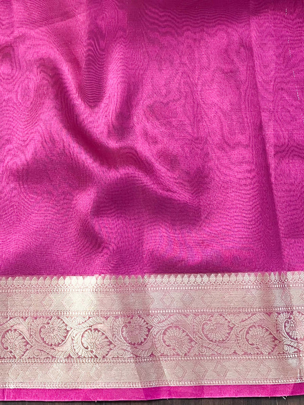 Banarasee Handwoven Plain Tissue Saree With Zari Border & Lace-Pink