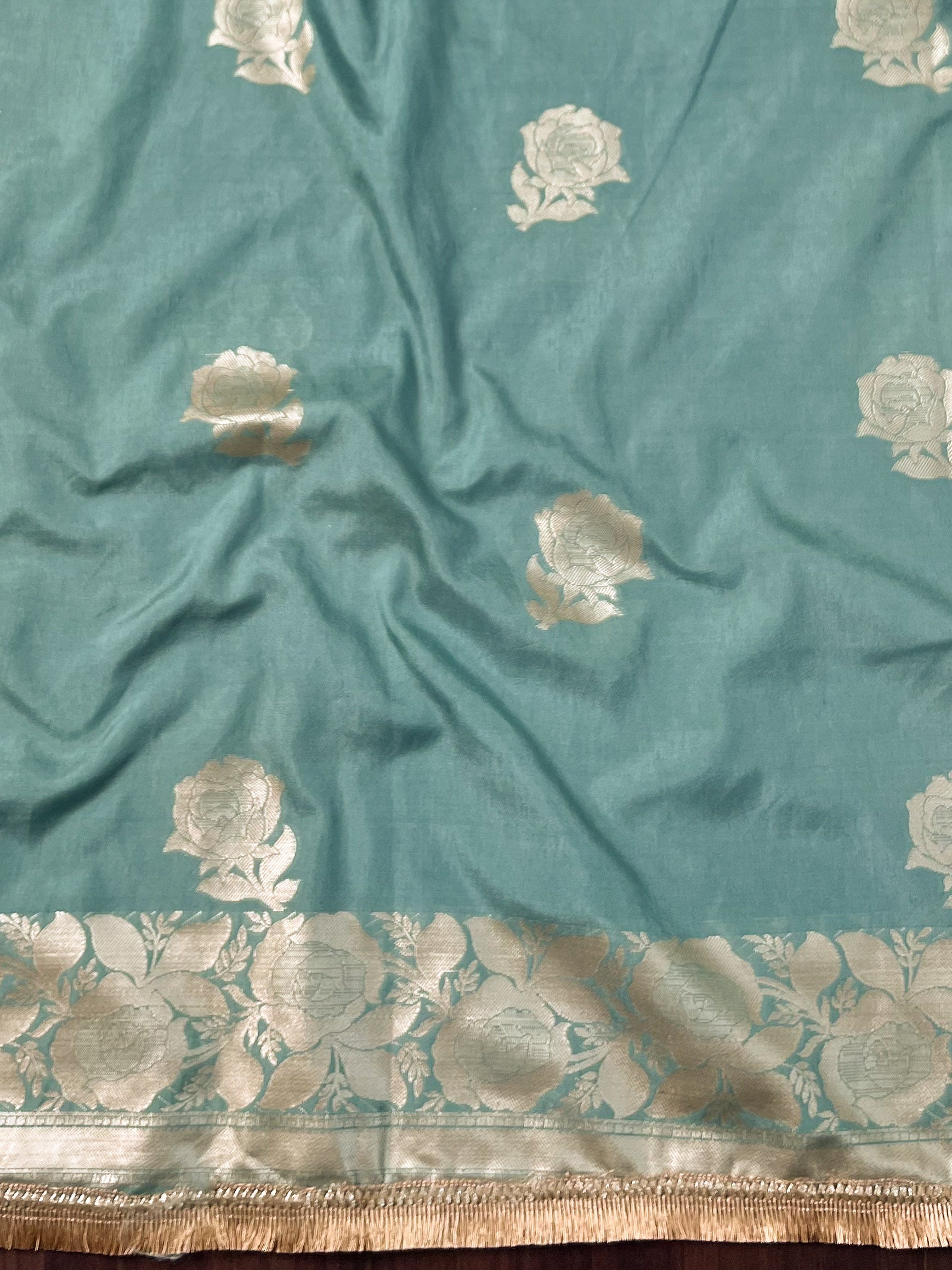 Banarasee Handwoven Semi Silk Saree With Zari Border & Lace-Pastel Blue
