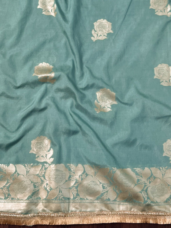 Banarasee Handwoven Semi Silk Saree With Zari Border & Lace-Pastel Blue