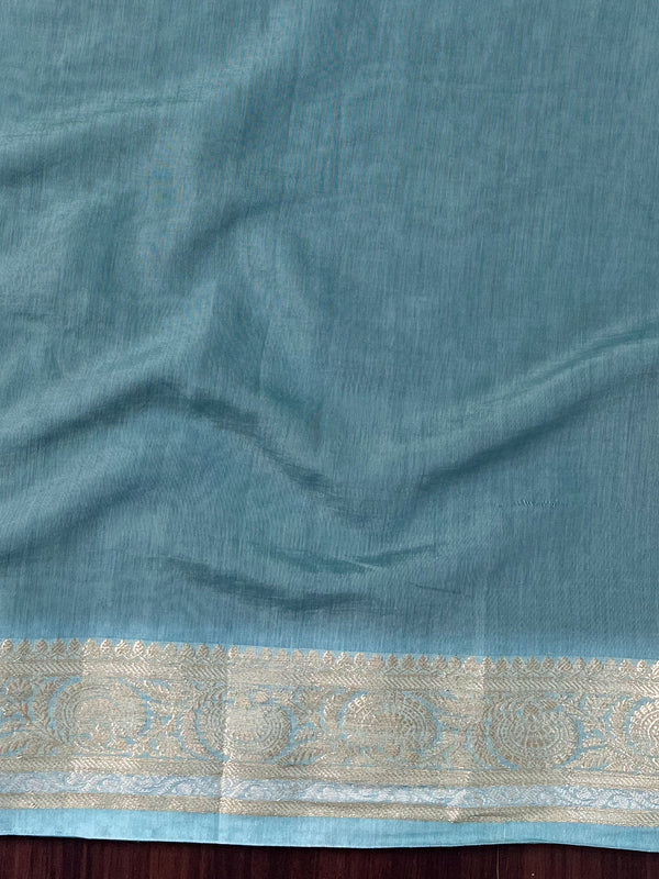 Banarasee Handwoven Semi Silk Saree With Zari Buti & Border-Pastel Blue